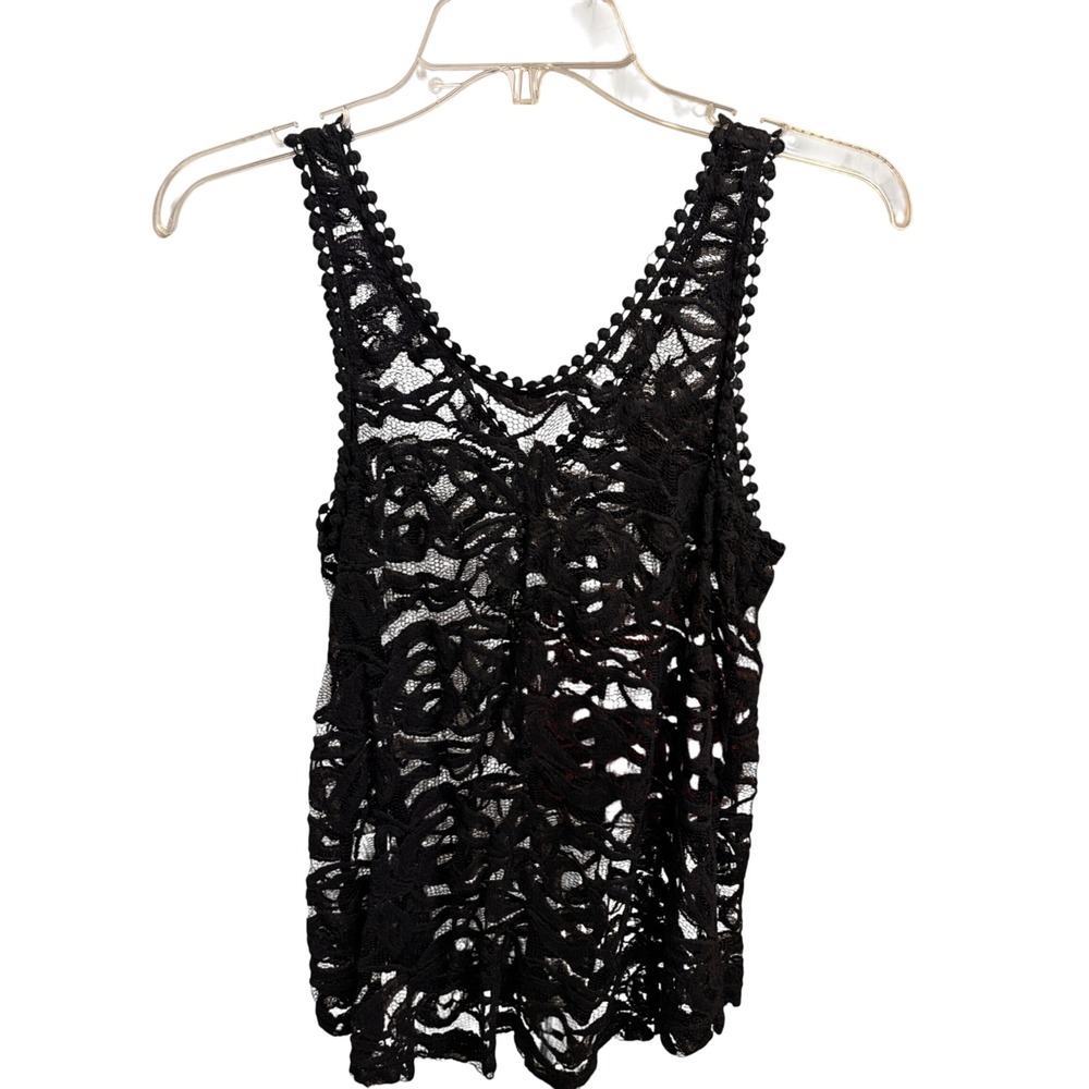 ISSI Lace Tank Top Womens Small Black Gothic Boho Sheer V-Neck Pom Pom Trim - Picture 9 of 13